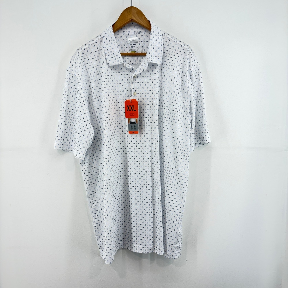 Greg Norman Mens XXL ML75 Play Dry Golf Polo Shirt White Blue Geometric New